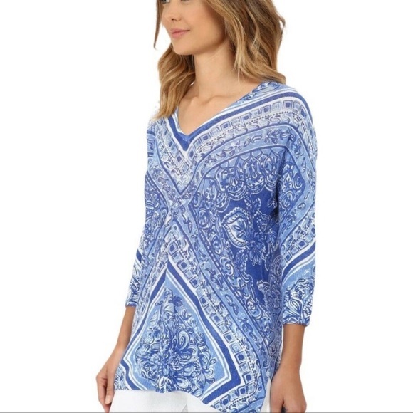 LILLY PULITZER Jameson Dolman Sleeve 100% Linen Blue Print Top Size XS/S INV - Picture 1 of 8